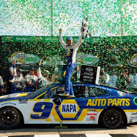 Chase Elliott, a native of Dawsonville, Georgia, celebrates after winning Sunday's Quaker State 400 Presented by Walmart.