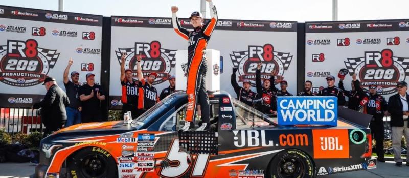 Corey Heim celebrates his victory in the Fr8 208 at Atlanta Motor Speedway on March 19, 2022.