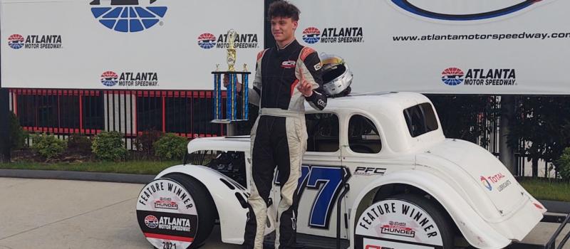 Graham Campbell celebrates in AMS victory lane after winning the Byron Powersports Semi-Pro division feature on Thursday, July 10.